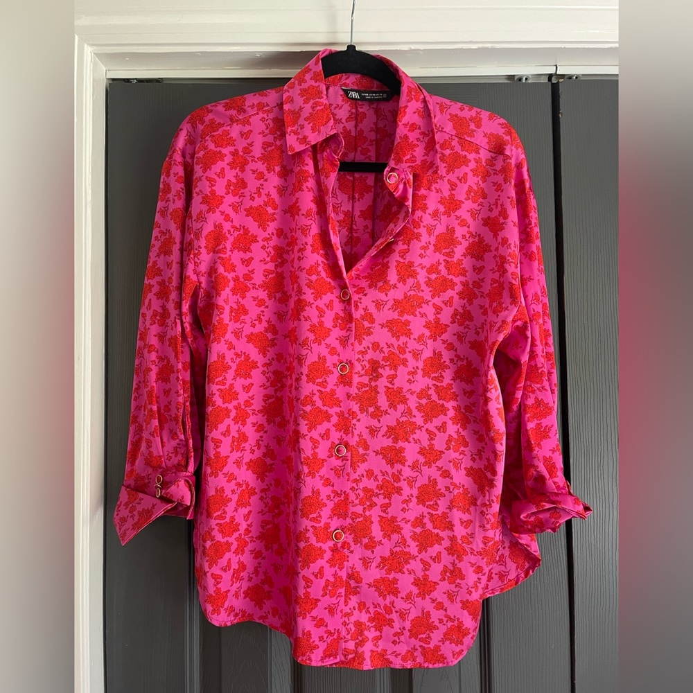Floral satin button down top